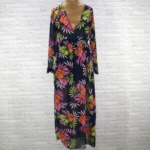 Dress Sheer Navy Tropical Bright Pink Floral Maxi Size Small Beach Resort Spa